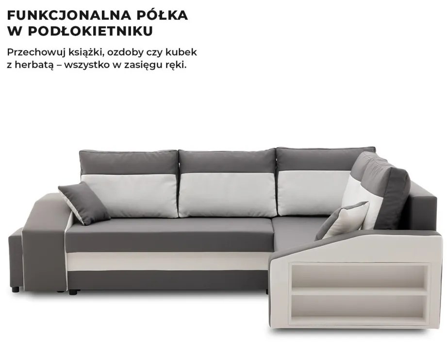 Grande sarokkanapé polcokkal és puffokkal , polc a jobb karfaban puffok a bal karfaban, jobboldali, szövet anyag, hab töltet, szürke - fehér