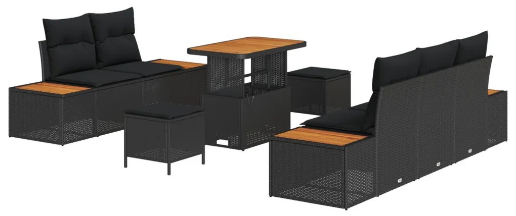 8 darabos kerti kanapé szett párnázott fekete poli rattan akáccal, 3 darabos kerti étkező szett párnázott fekete poli rattan akáccal