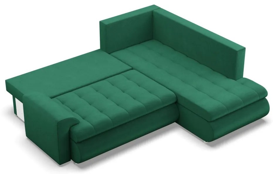 Tokio sarokkanapé, L alakú háttámlával, 2 ágyneműtartóval, bársony, jobboldali, zöld