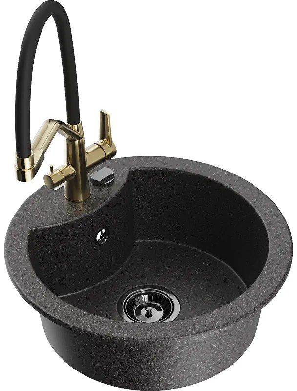 Mexen Diego 1-kamrás gránit mosogató Duo konyhai csapteleppel, fekete pöttyös - 6512-76-671701-57-B