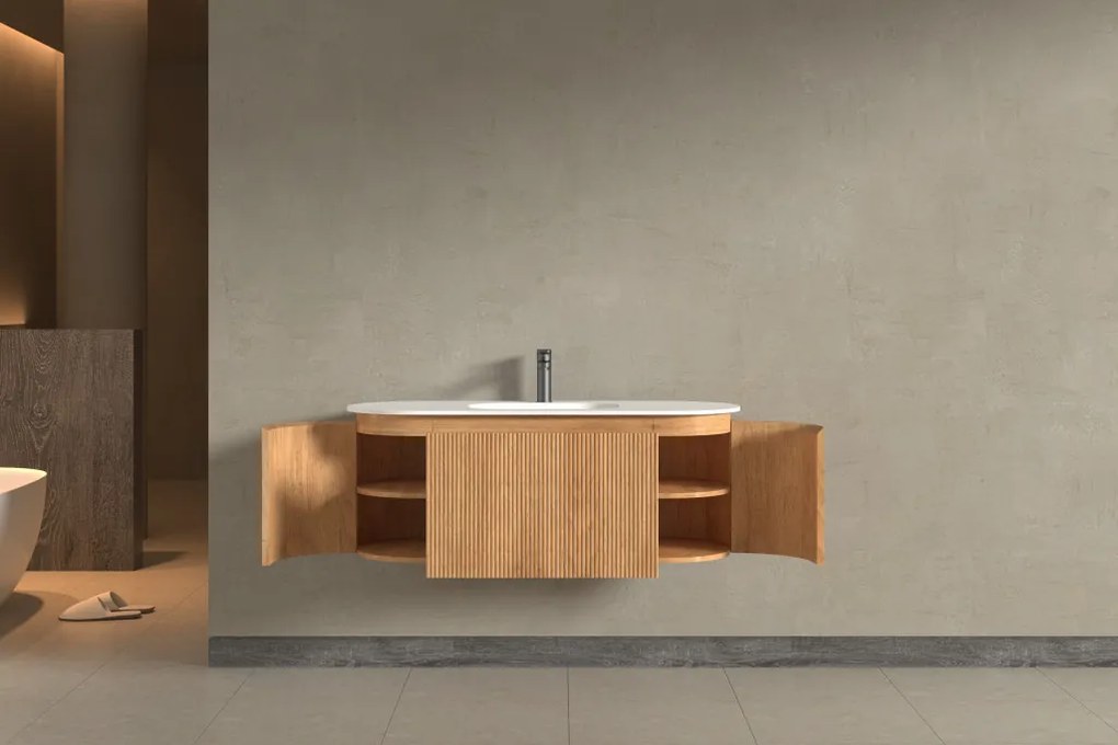 AREZZO design SELINA 120 cm-es ovális Fürdőszoba alsószekrény solid surface mosdóval, tölgy