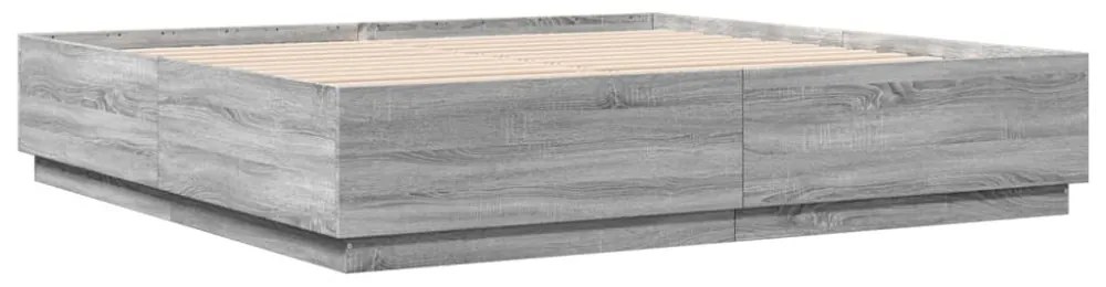 szürke sonoma színű szerelt fa ágykeret LED-del 200x200 cm