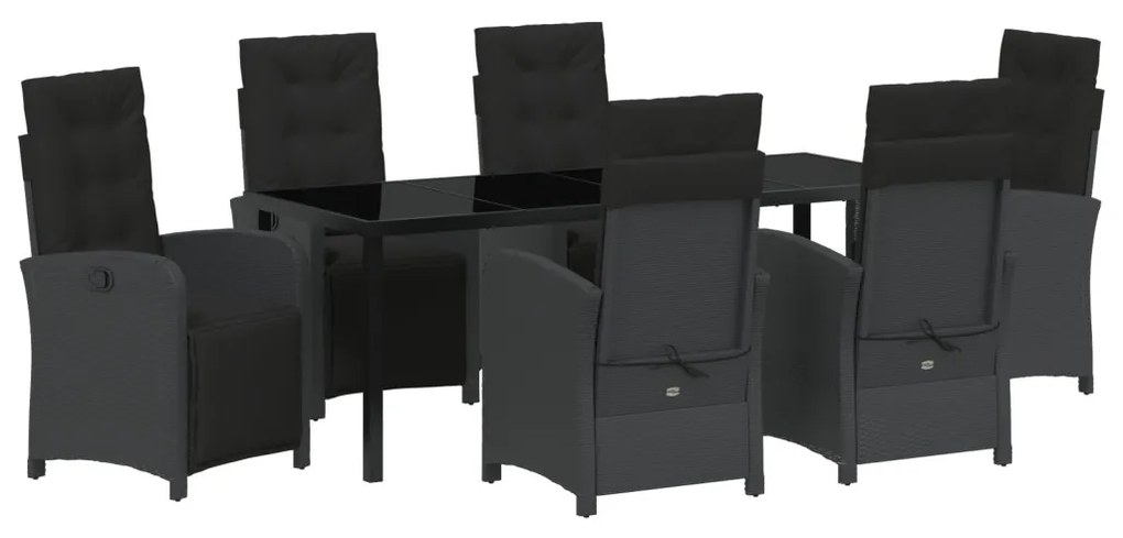 7 darabos kert étkezőgarnitúra párnákkal fekete poli rattan, kert asztal fekete 200x80x73 cm edzett üveg
