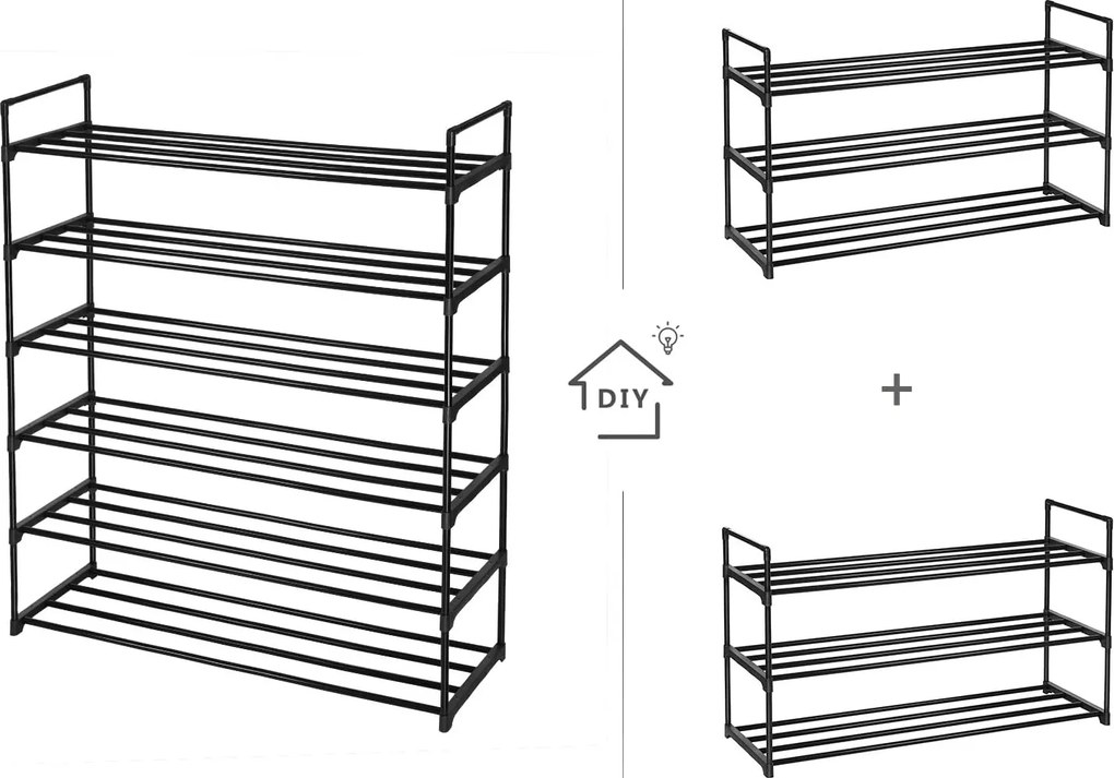 Cipőtartó 3 szintes, 2 darabos készlet, fém cipőtároló, 12–15 pár cipőhöz, fekete