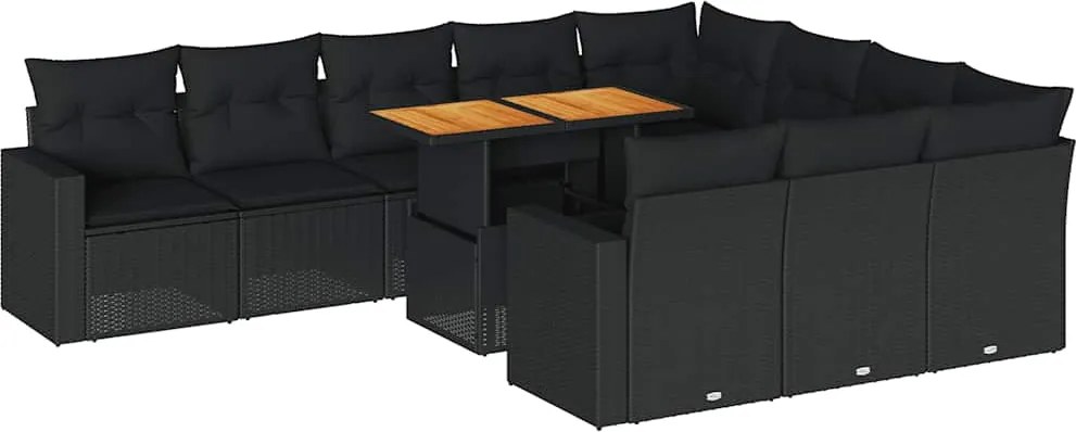 vidaXL 11 részes fekete polyrattan kerti ülőgarnitúra párnákkal