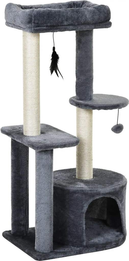 PawHut Macska Fának Természetes Szizál Kaparóoszlopokkal, Kaparópárnákkal, Játékközponttal, Rejtekhellyel, Platformokkal és 2 Lógó Játékoszóval - Szür