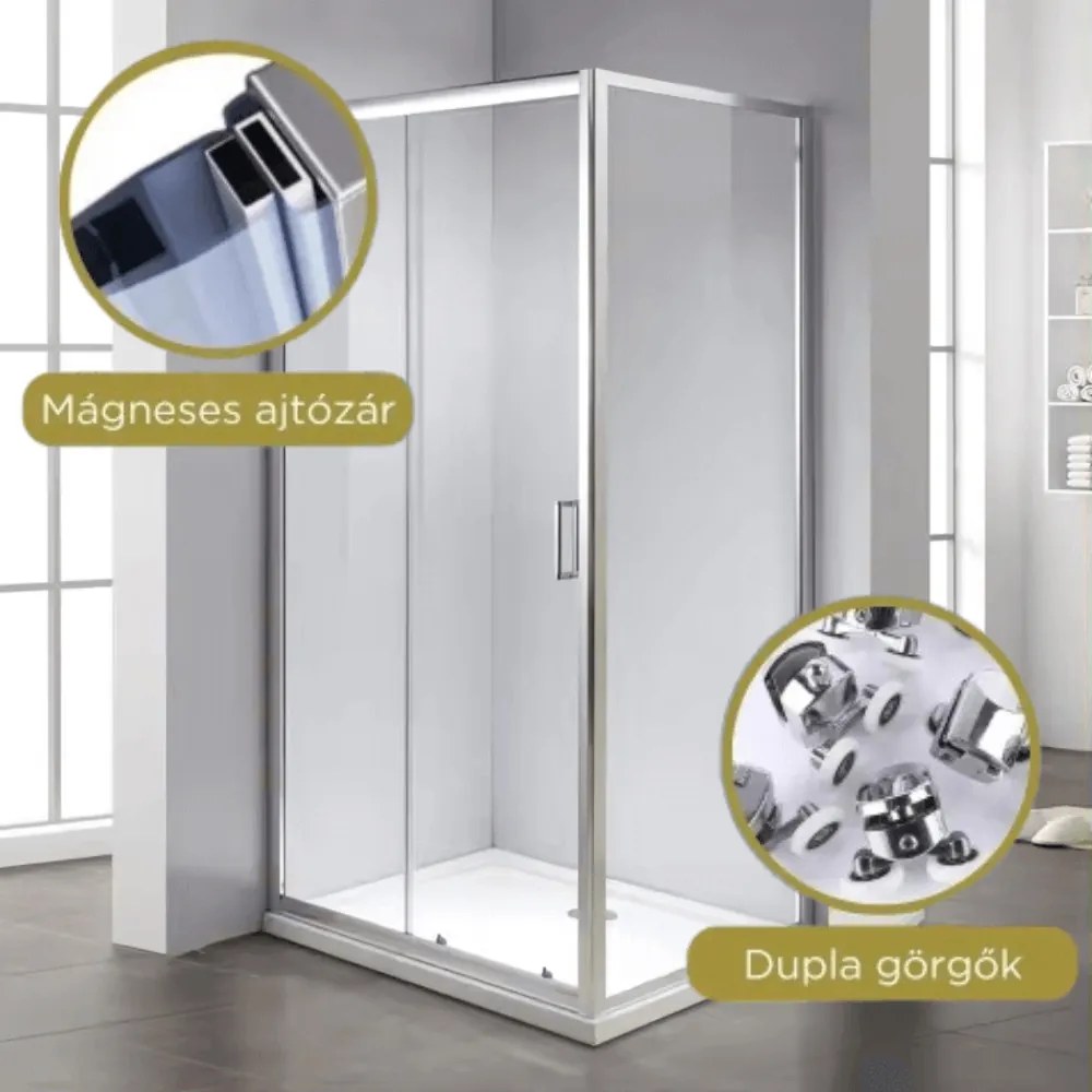 Stuxi Delhi 130x80 aszimmetrikus szögletes tolóajtós zuhanykabin 6 mm vastag vízlepergető biztonsági üveggel, krómozott elemekkel, 200 cm magas