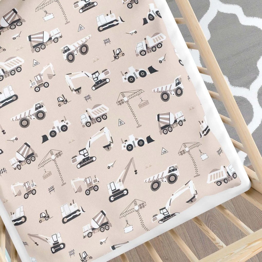 Goldea gyerek pamut ágyneműhuzat kiságyba - teherautók és markolók bézs alapon 100 x 135 és 40 x 60 cm