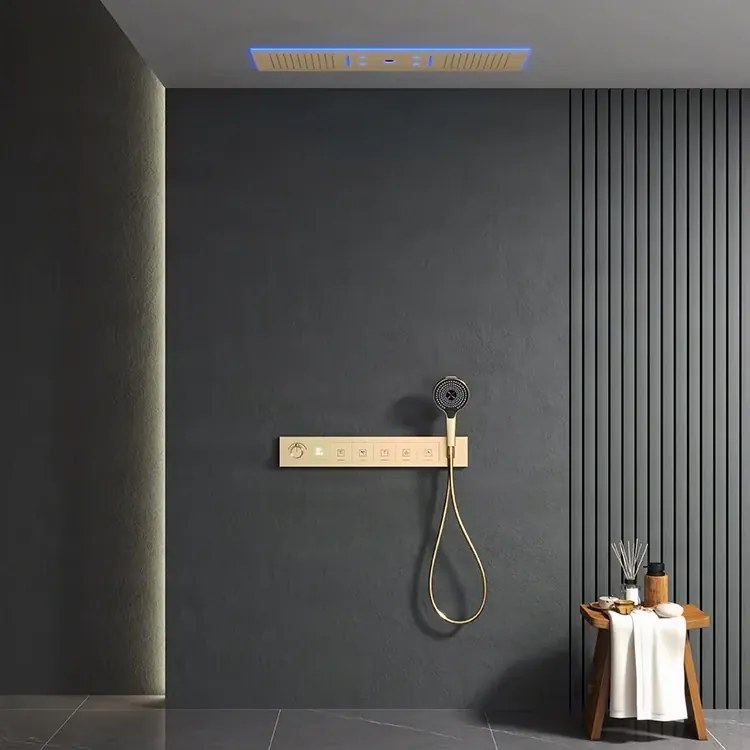Falba süllyesztett zuhanyrendszer ELITE EDITION BCS1045, 6 funkcióval, LED-világítással, termosztáttal és többféle felülettel — Szálcsiszolt arany —…