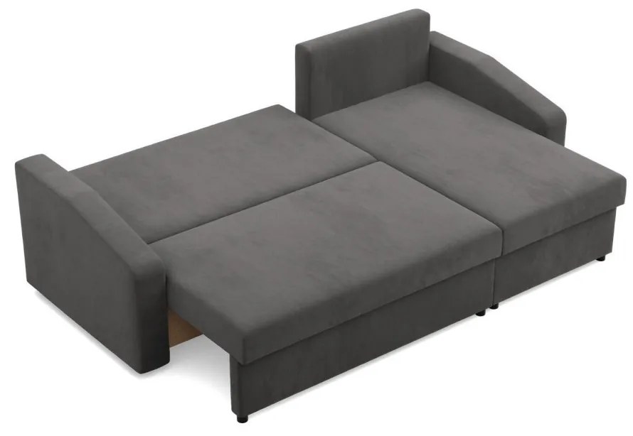 Zeus sarokkanapé, 1 ágyneműtartóval, döntött kartámasz, szövet anyag, univerzális oldal, hab töltet, szürke