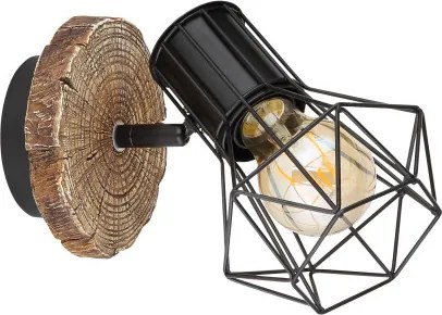 Globo 54017W-1 Spotlámpa fém fekete, műanyag fa megjelenés, fém fekete, SZxM: 130x185mm, AL: 195mm, fényforrás nélkül szállítva 1x E27 60W 230V