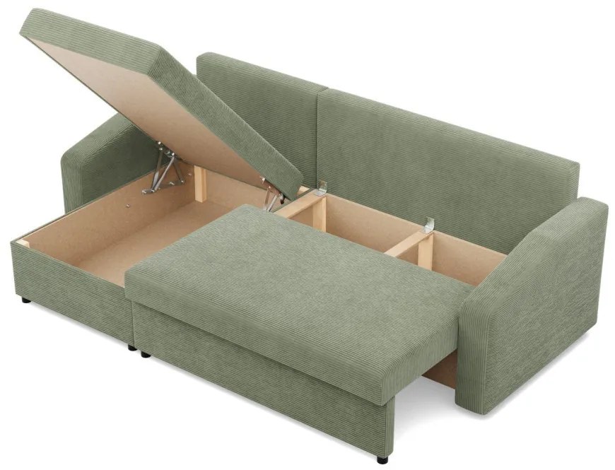 Zeus sarokkanapé, 2 ágyneműtartóval, döntött kartámasz, kordbársony, univerzális oldal, bonell töltet, zöld