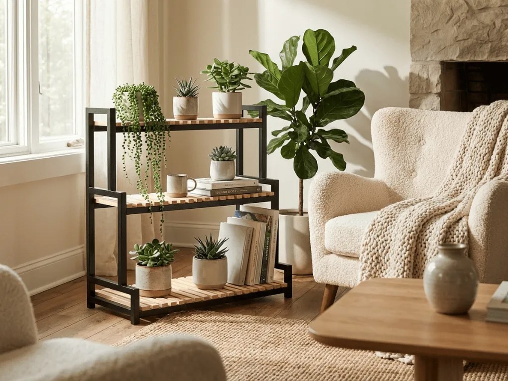 Virágállvány GREENY 3 polc 95x80 cm, fekete / tölgy dekor