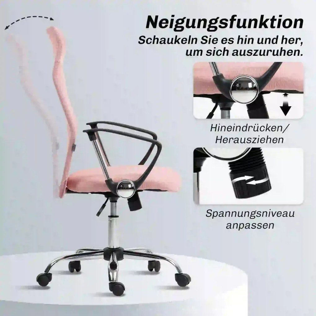 HOMCOM ergonomikus irodai szék, magasságban állítható forgószék hintafunkcióval, hálós kárpitozás, rózsaszín