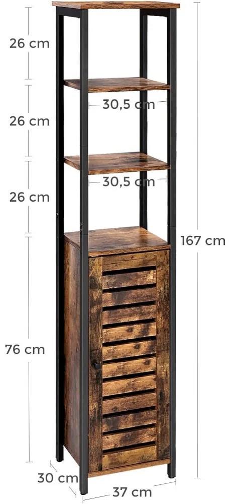 Magas szekrény polcokkal fürdőszobába, nappaliba, rusztikus barna 37x30x164cm