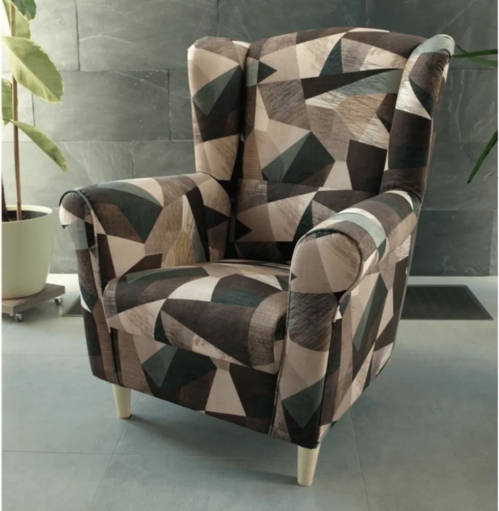 Füles fotel, szövet barna-zöld minta, CHARLOT