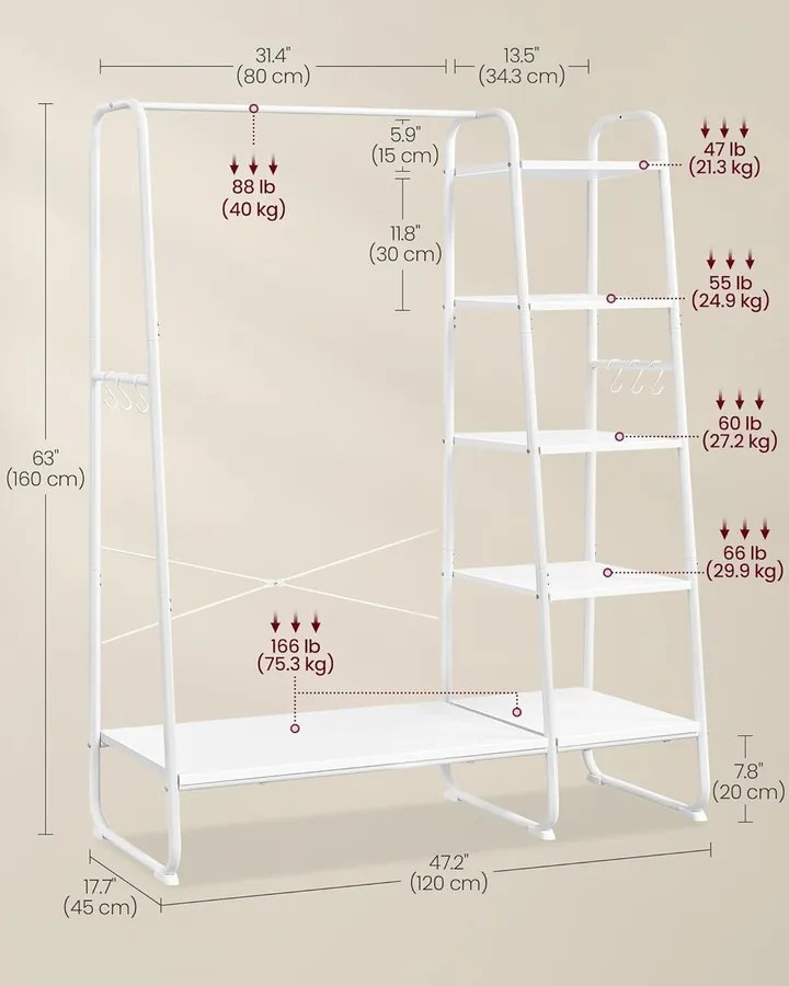 Ruhatartó állvány cipőtartóval, 5 szintes tárolópolccal, 45 x 120 x 160 cm, fehér