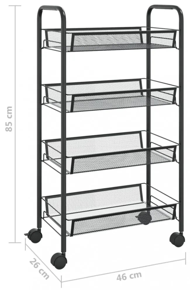 fekete 4 szintes vas konyhai kerekes kocsi 46 x 26 x 85 cm