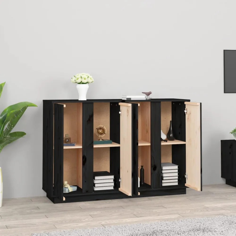 fekete tömör fenyőfa tálalószekrény 120x35x80 cm