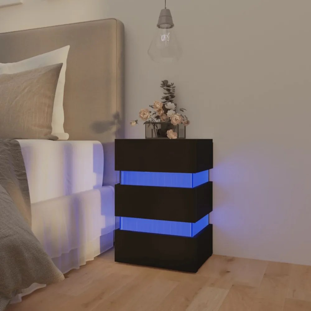 fekete szerelt fa LED-es éjjeliszekrény 45 x 35 x 67 cm