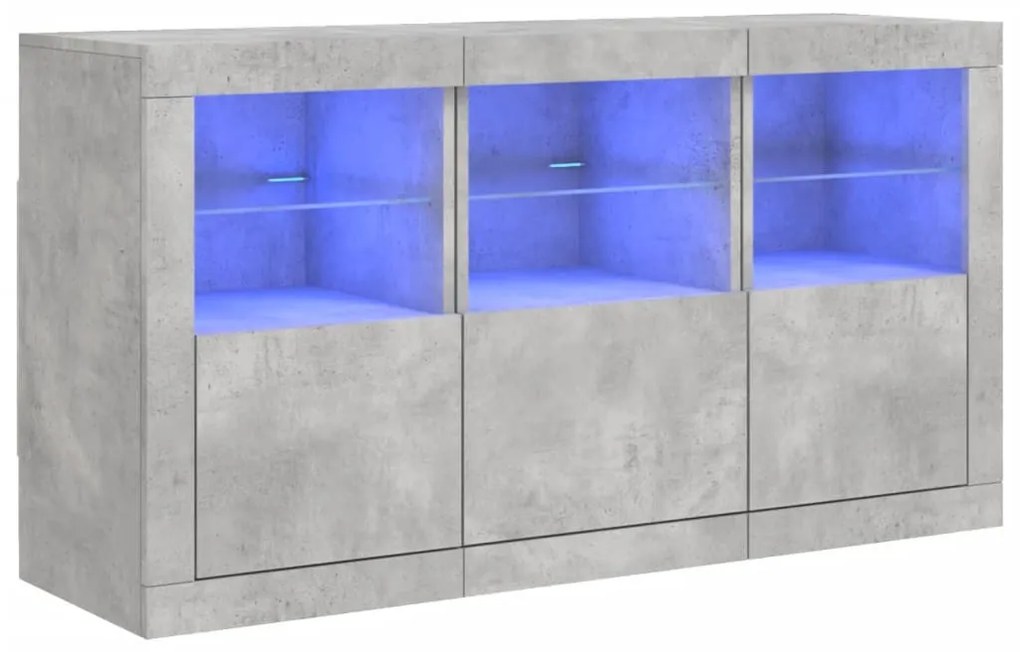 betonszürke tálalószekrény LED-világítással 123 x 37 x 67 cm