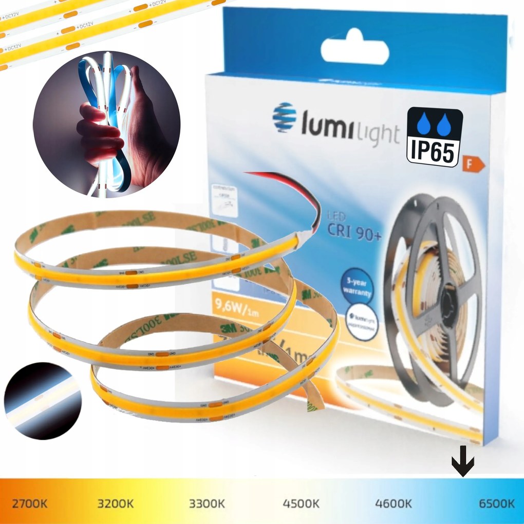 Cob Led szalag vízálló 1m Hideg Neon Pont Nélküli IP65 9,6W/m 6500K