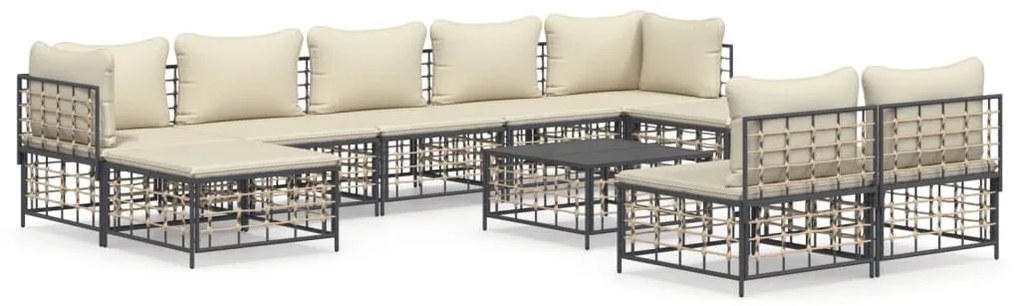 10 részes antracitszürke polyrattan kerti ülőgarnitúra párnával