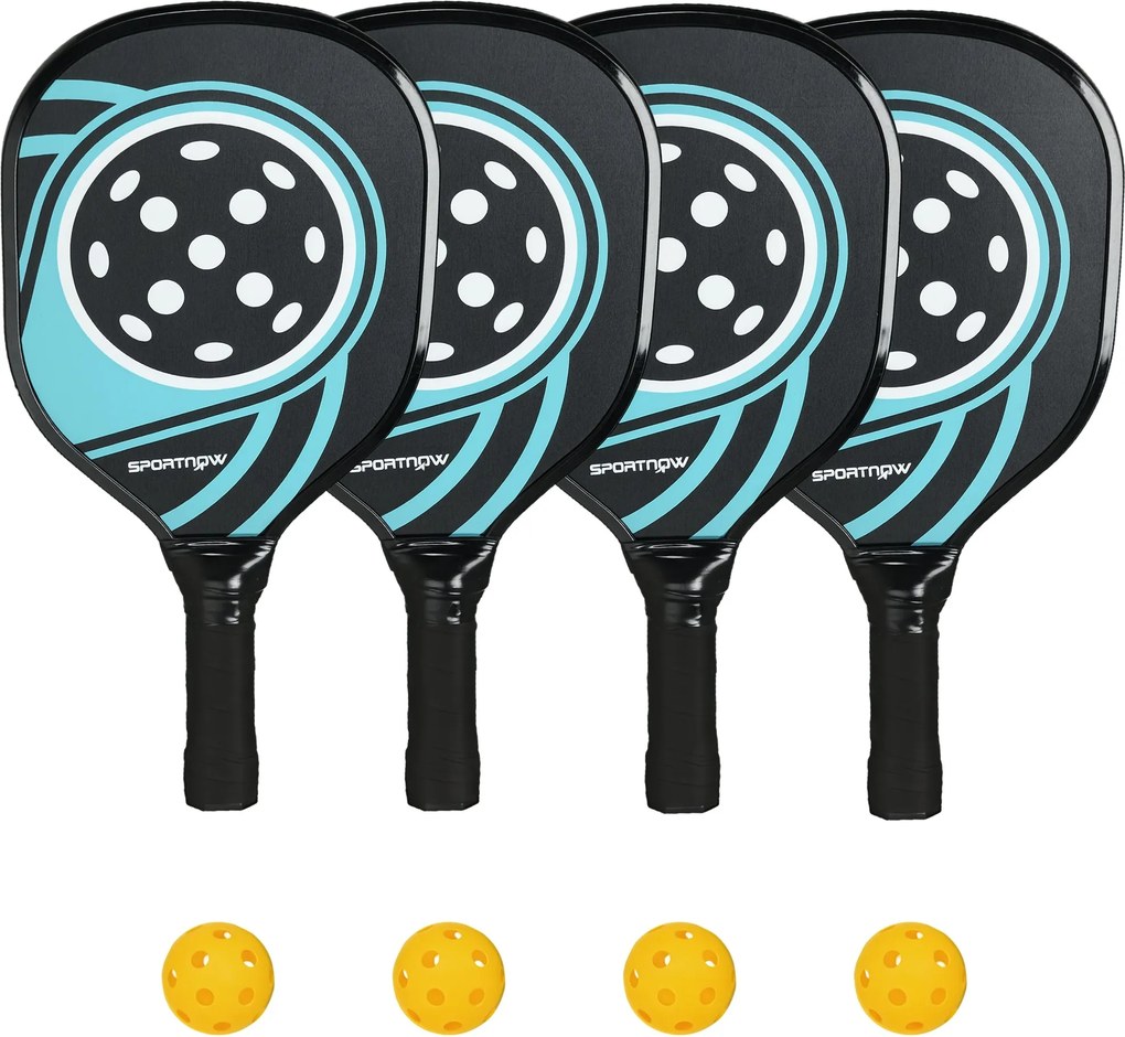 SPORTNOW Pickleball Ütőkészlet 4 Ütővel, 4 Labdával, Ergonomikus Markolatú Táskával, Beltéri és Kültéri Használatra, Kezdők és Hétvégi Játékosok Számá