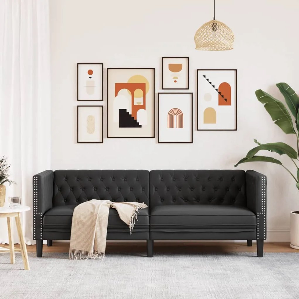 3 személyes fekete műbőr Chesterfield kanapé