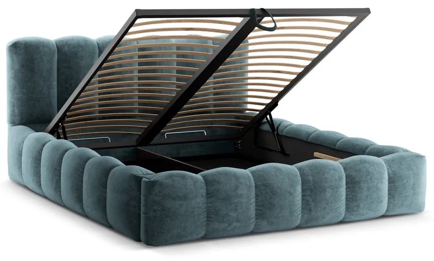 Kék kárpitozott ágyneműtartós franciaágy ágyráccsal 160x200 cm Lupine – Micadoni Home