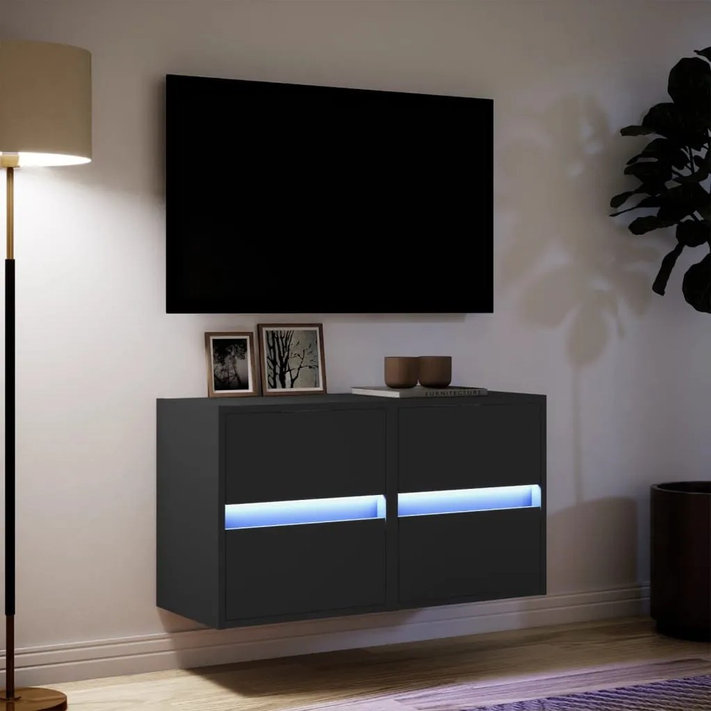 2 db fekete fali TV-szekrény LED-világítással 41x31x45 cm