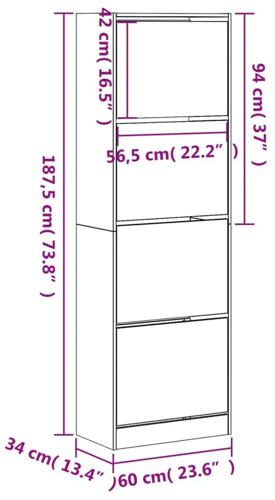 füstös tölgy cipőszekrény 4 kihajtható fiókkal 60x34x187,5 cm