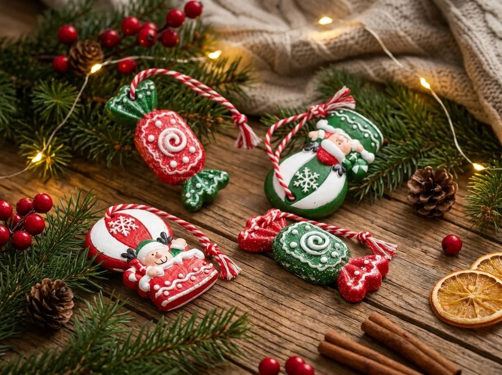 Szett 4 db karácsonyi dísz CANDY ELF 6 cm