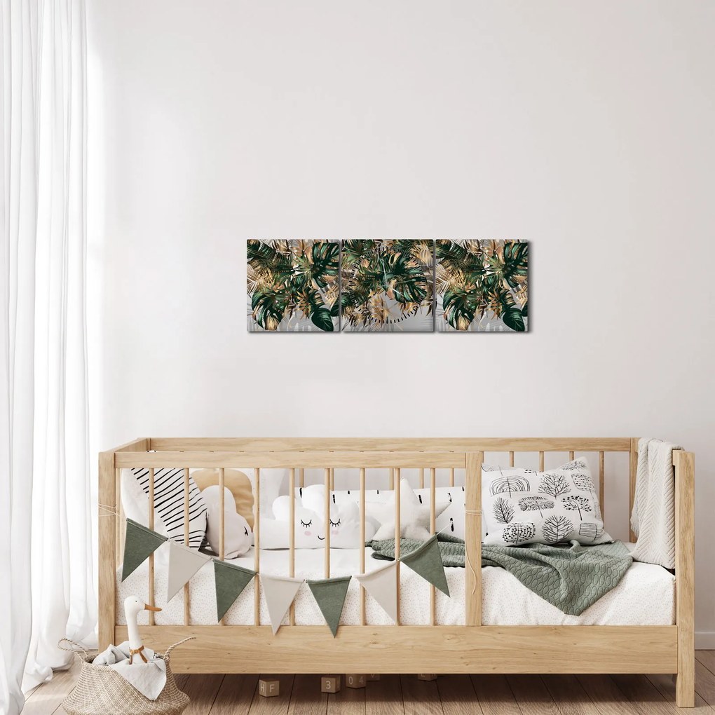 Kép - Gold-green, trópusi levelek (órával) (90x30 cm)