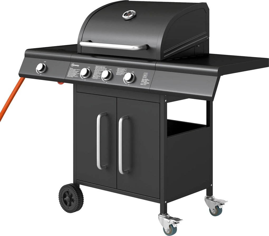 Outsunny 12,2 kW (kb. 41 600 BTU) 3+1 égős gázgrill kocsi, rozsdamentes acél, kerekekkel, oldalsó égővel, hőmérővel, melegentartó rácssal, oldalasztal