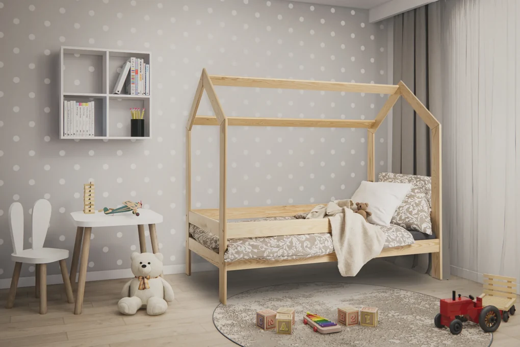 Gyerekágy HÁZIKÓ D3 fenyő 80 x 160 cm Ágyrács: Lamellás ágyrács, Matrac: Matrac nélkül, Ágy alatti tárolódoboz: Tárolódoboz nélkül
