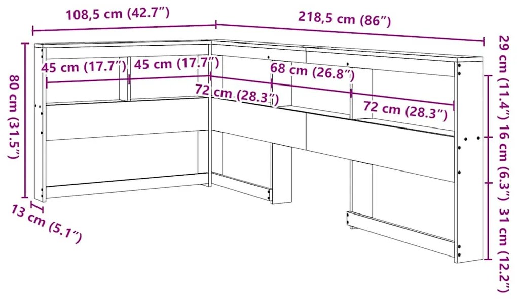 Könyvespolc fejtámla L-alakú 90 cm tömörfa fenyőfa