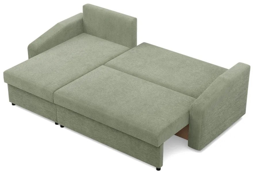 Zeus sarokkanapé, 2 ágyneműtartóval, döntött kartámasz, kordbársony, univerzális oldal, hab töltet, zöld