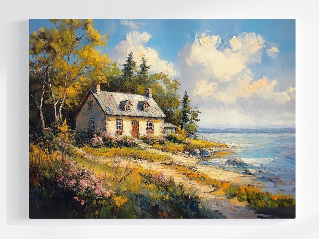 Poszter Tájkép Ház Tenger Tengerpart Virágok Hygge 80x60