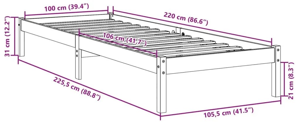tömör fenyőfa extra hosszú ágykeret matrac nélkül 100 x 220 cm