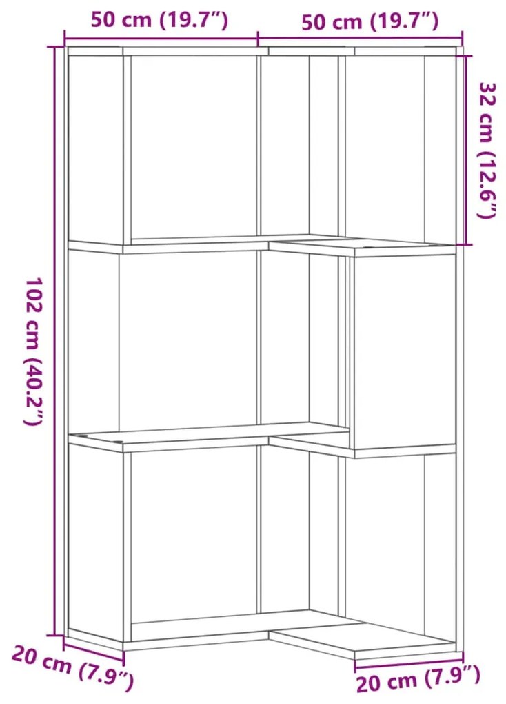3 szintes betonszürke szerelt fa sarok könyvespolc 50x50x102 cm