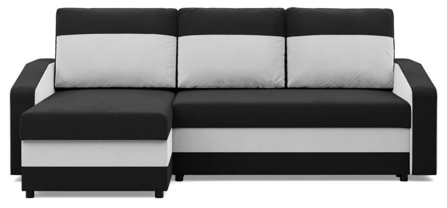 Hewlet sarokkanapé, 2 ágyneműtartóval, szövet anyag, univerzális oldal, hab töltet, fekete - fehér