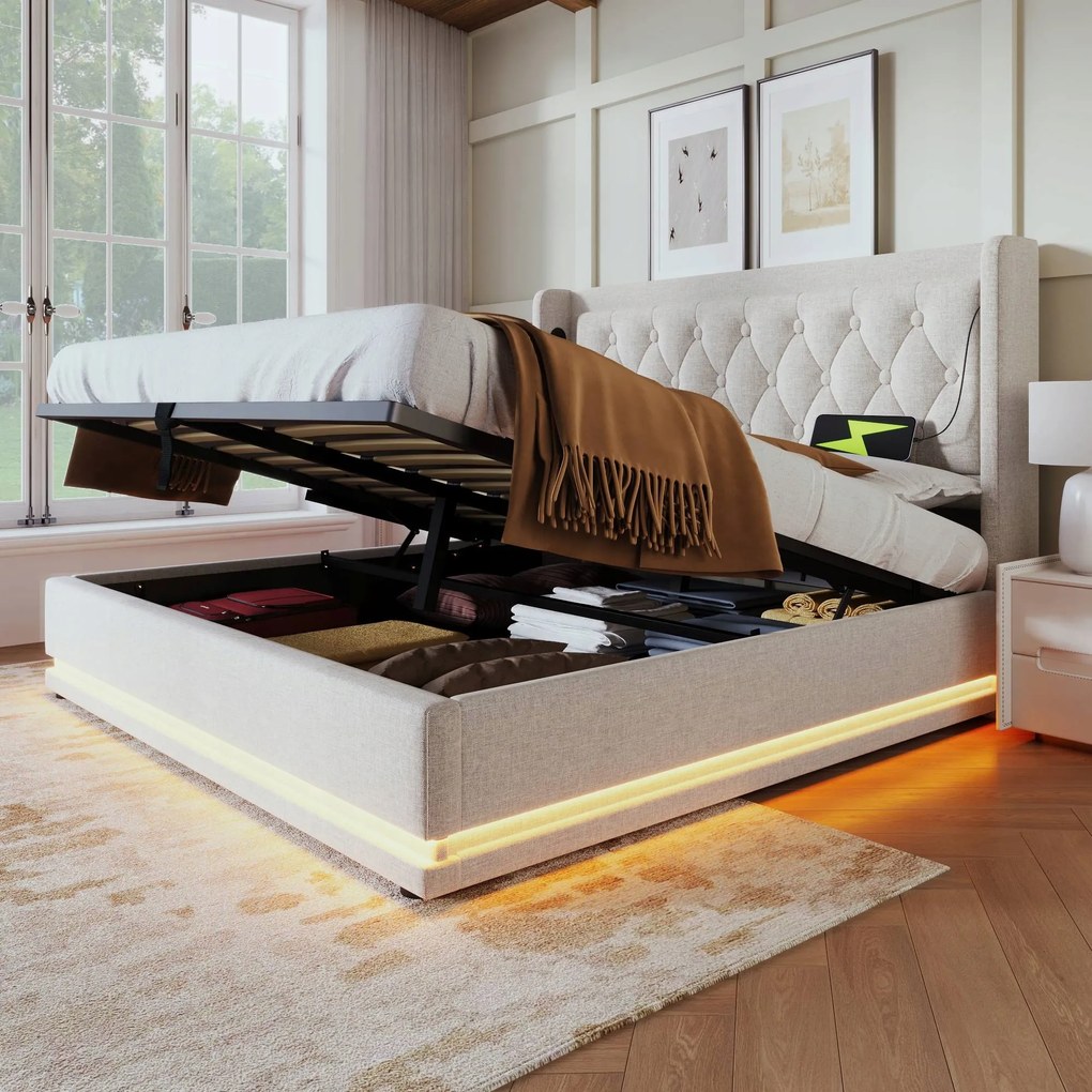 Franciaágy Kárpitozott ágy 140x200cm Usb Type-C Led Hidraulikus Bézs