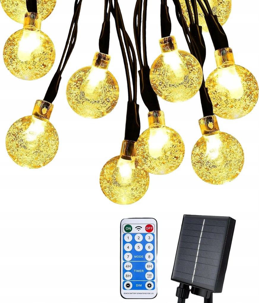 Napelemes girland lámpa 10m 65 dióda Led gömbök 8 üzemmód IP65 vízálló