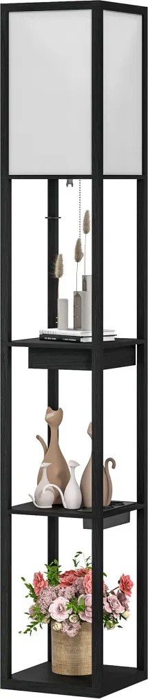 HOMCOM Állólámpa 3-szintes polccal, lábkapcsolóval, USB portokkal, MDF, fekete