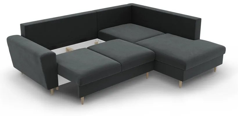Sötétszürke bársony kinyitható tárolóhelyes sarokkanapé (jobb oldali-L alakú) Kyoto – Cosmopolitan Design