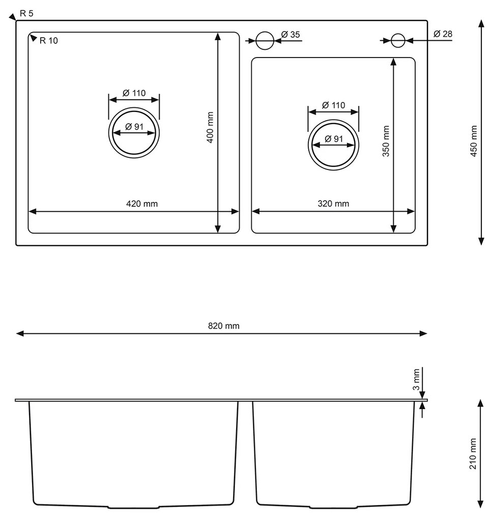 Erga HD, 2 kamrás acél mosogató 820x450x210 mm, acél, ERG-MLS-HD8245