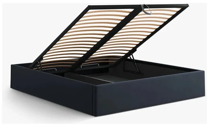 Sötétkék kárpitozott ágyneműtartós-ágytámla nélkül franciaágy ágyráccsal 200x200 cm Susan – Micadoni