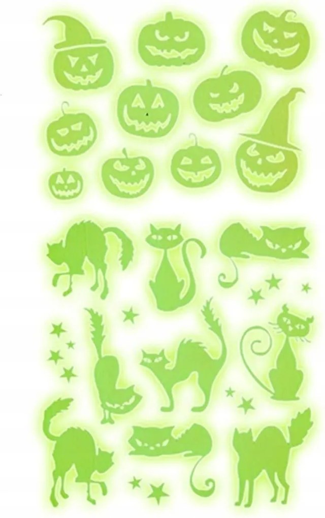Világító Halloween matricák tökök, macskák dekoráció gyerekeknek játékhoz