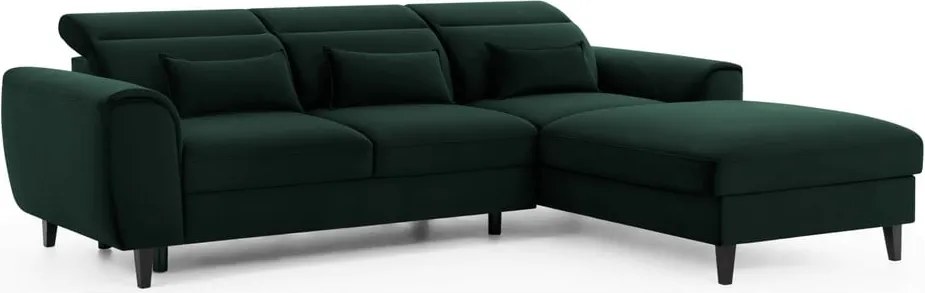 Sötétzöld bársony kinyitható-tárolóhelyes sarokkanapé (jobb oldali-heverő résszel) Foble – ELTAP